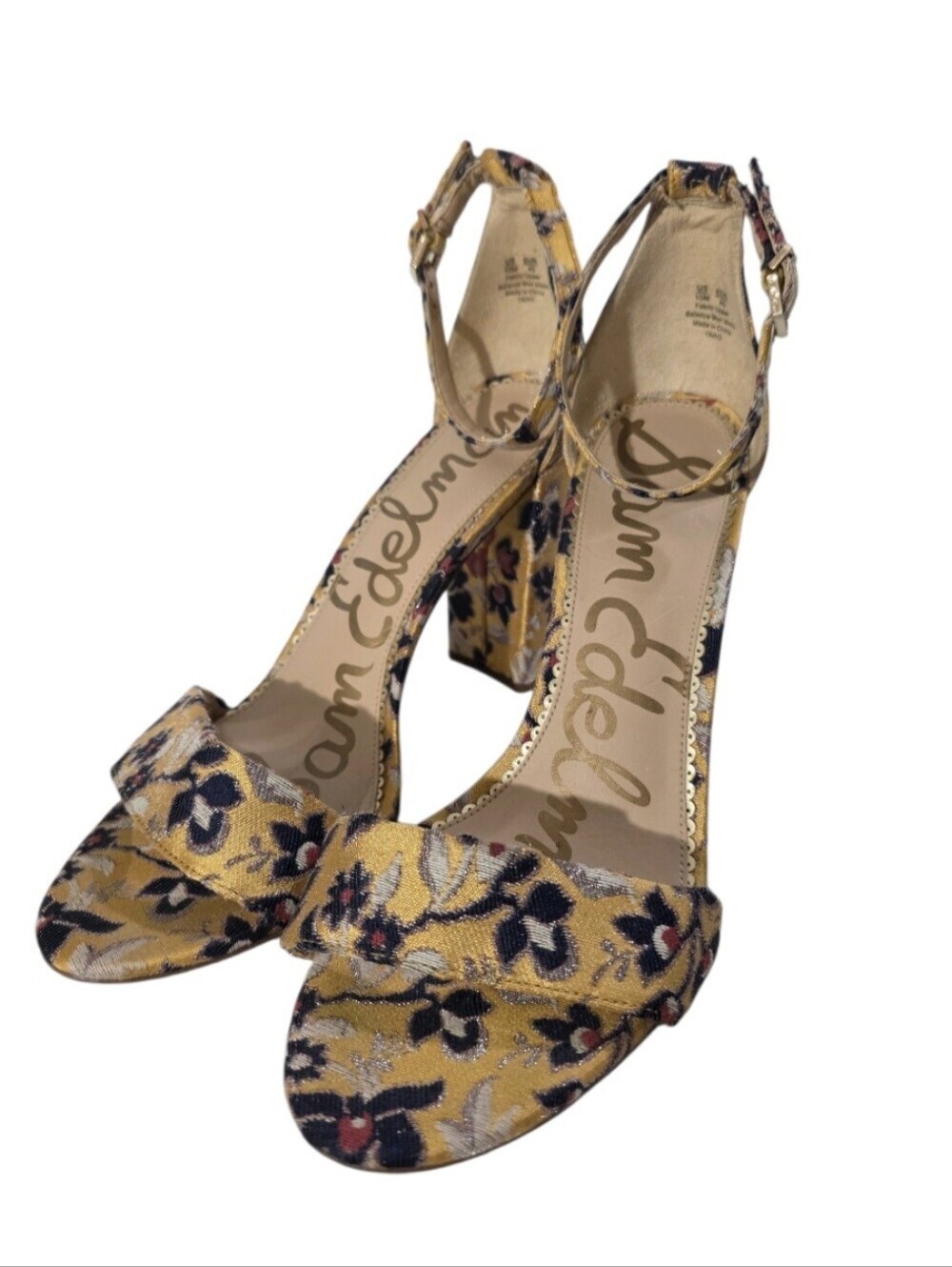 Sam Edelman Yaro Floral Brocade Block Heel Sandals Size 10 Mustard Gold